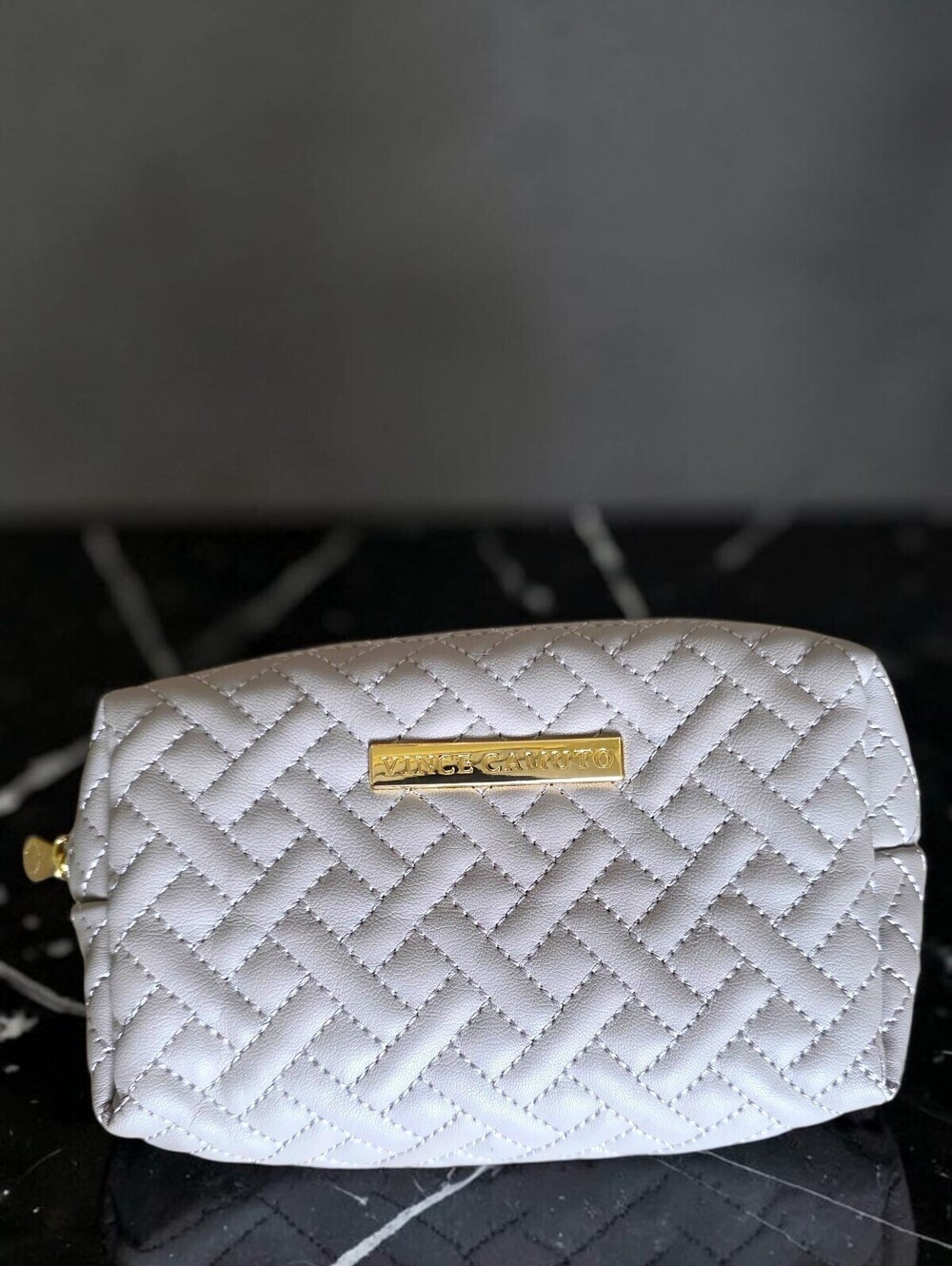 Vince Camuto Quilted Leather Cosmetic Bag Makeup Case Travel Toiletry Pouch